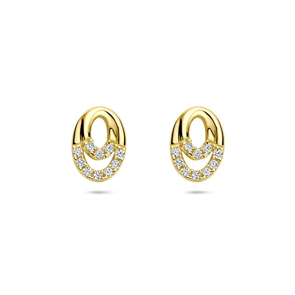 Goldene Ohrstecker 14k mit Zirkonia in Entourage-Setting, ovaler Form mit funkelnden Steinen