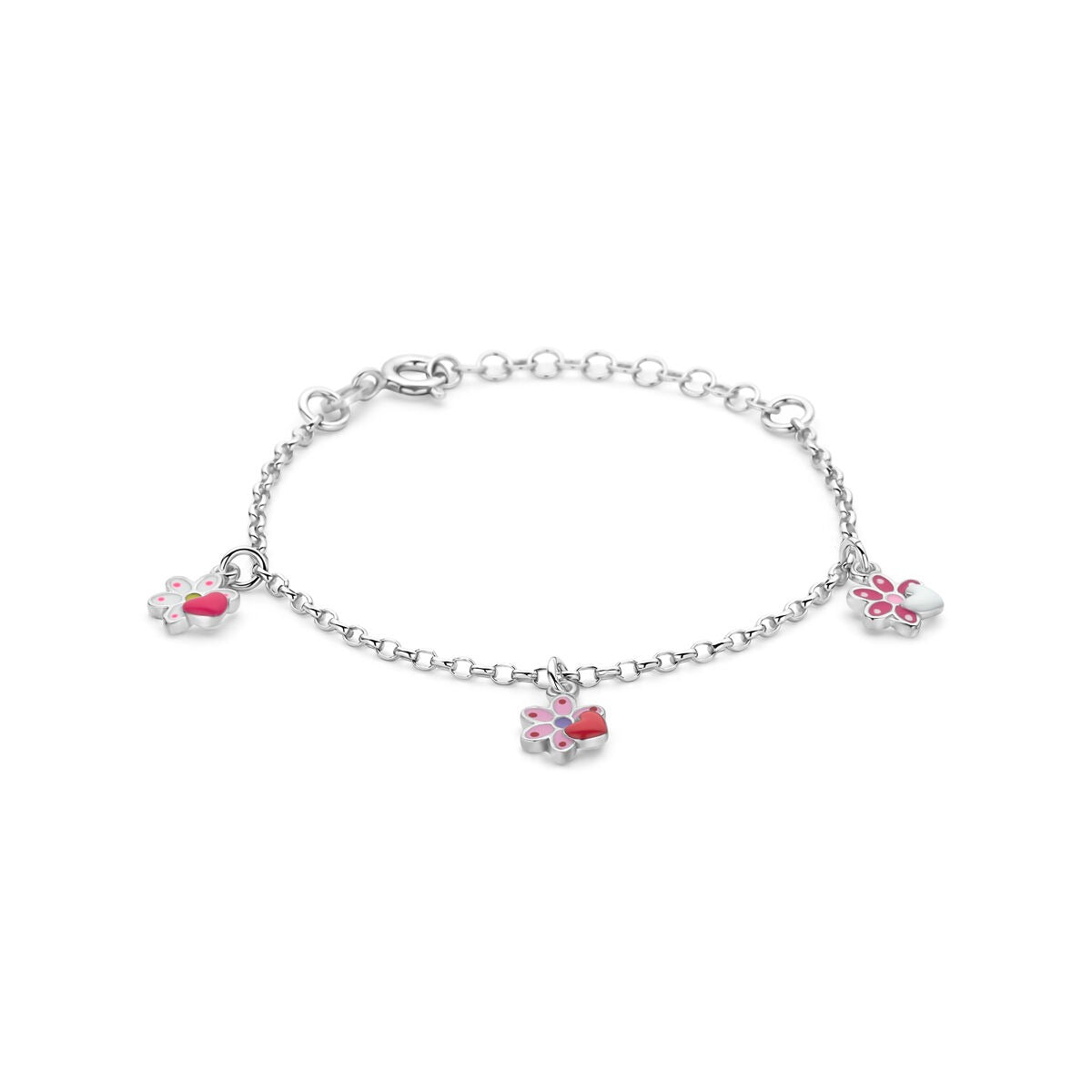 Armband aus rhodiniertem 925 Silber mit bunten Emaille-Blumenanhängern