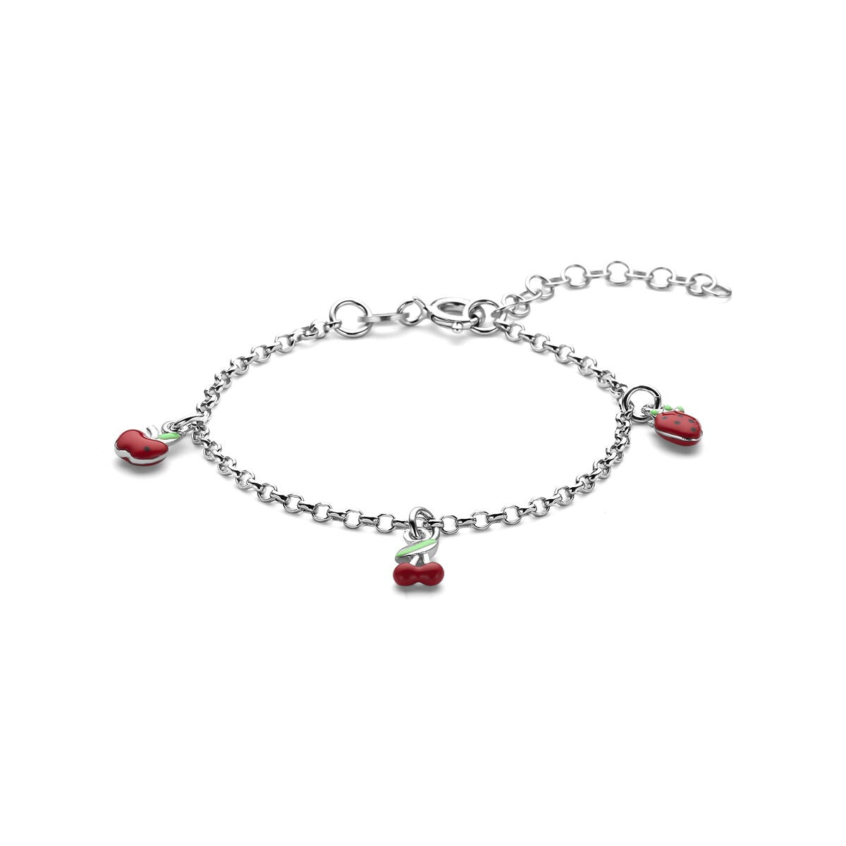 Armband aus rhodiniertem 925 Silber mit roten Obstanhängern und Verlängerungskette