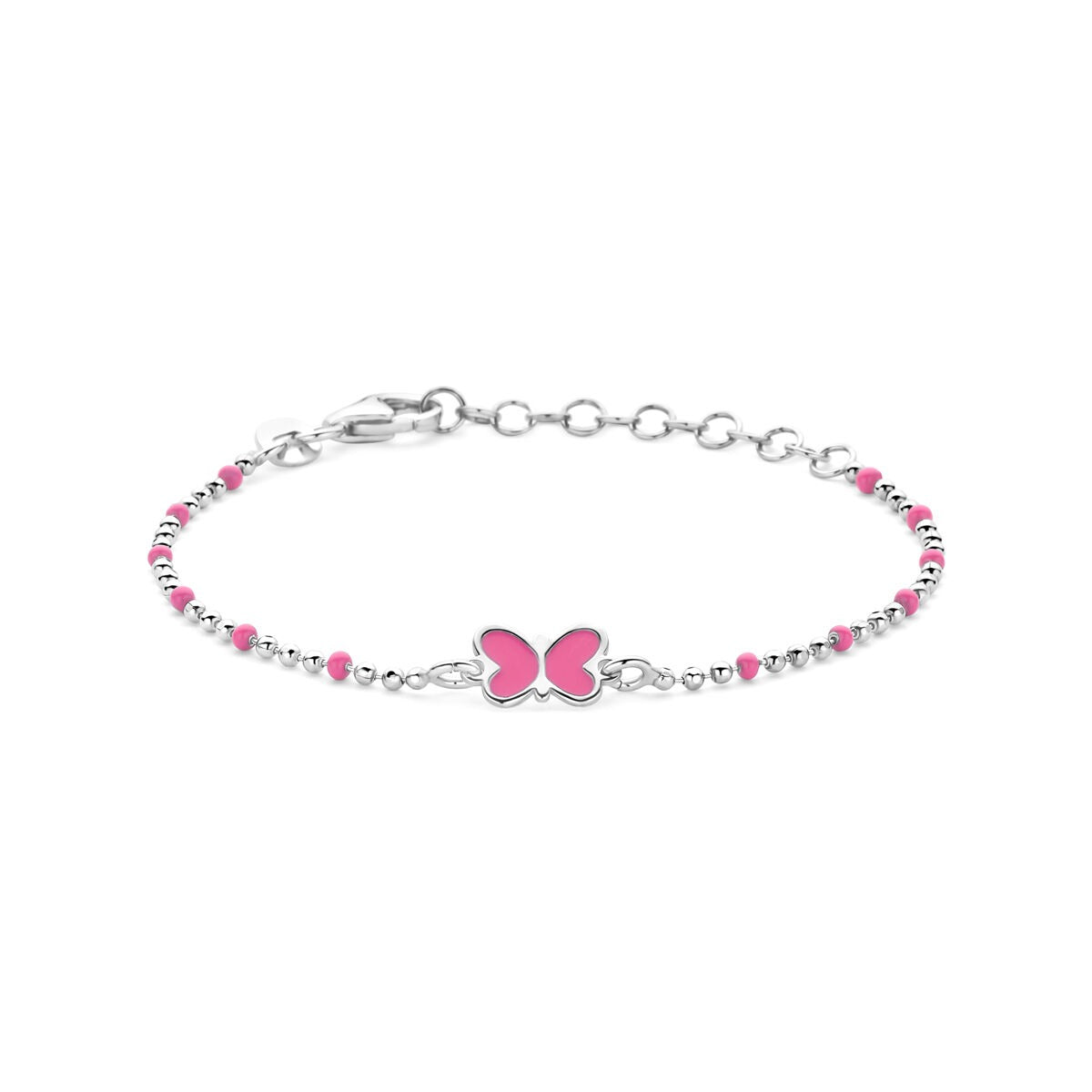 Armband aus rhodiniertem 925er Silber mit pinkem Schmetterling und bunten Steinen