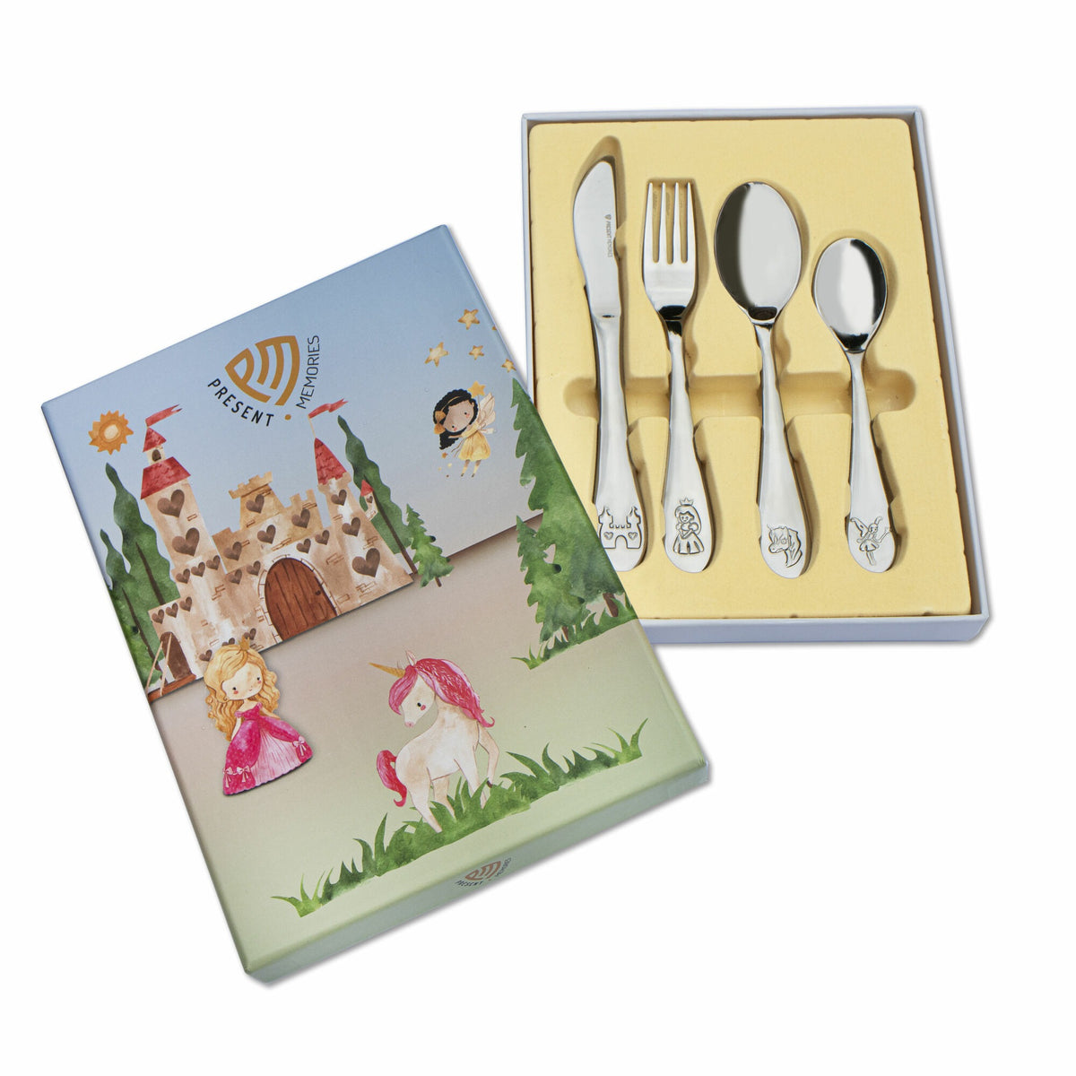 Kindermesser, -gabel und -löffel aus Edelstahl mit buntem Märchenmotiv auf der Verpackung