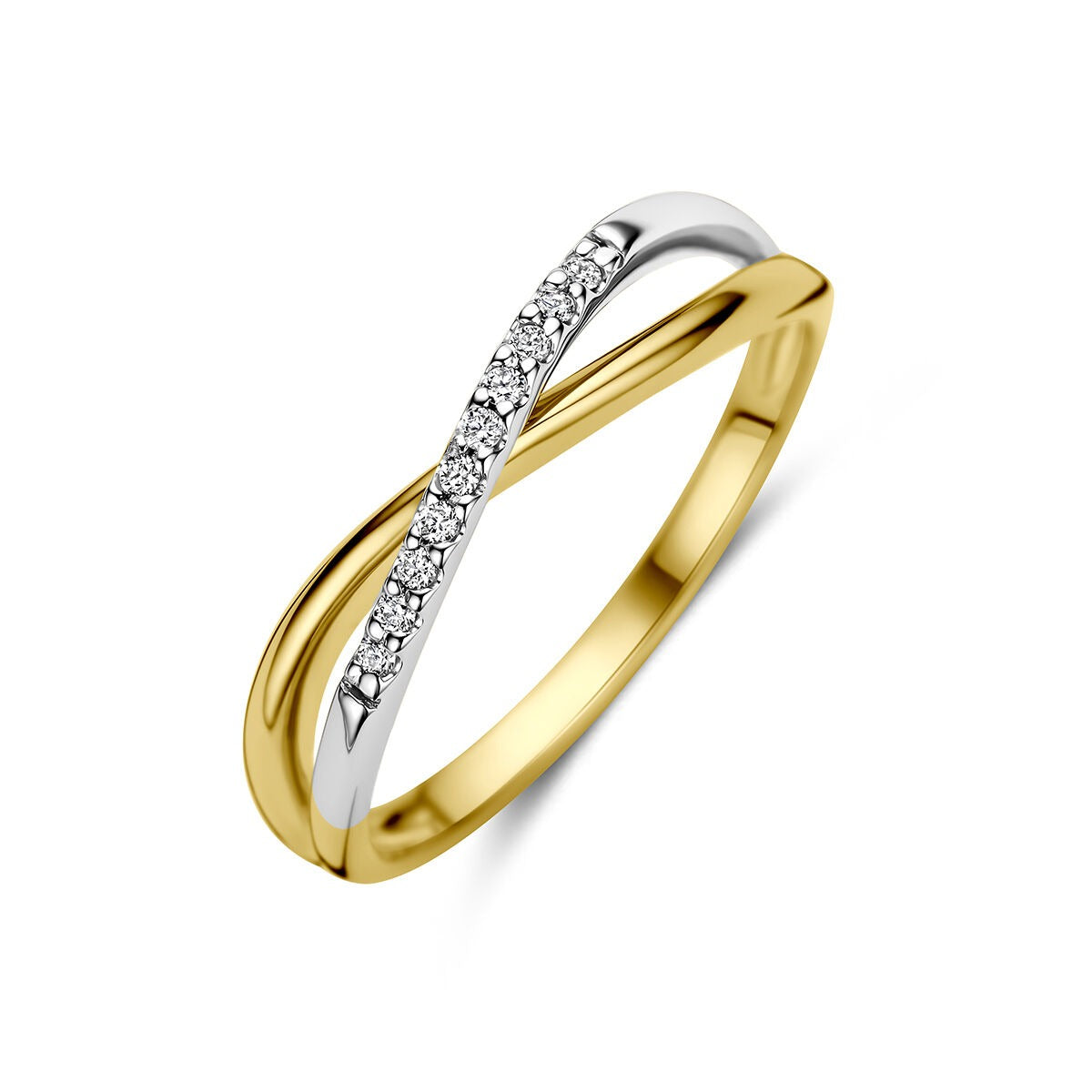 Bicolor Ring aus 14k Gold mit fünf kleinen Diamanten in einer geschwungenen Fassung