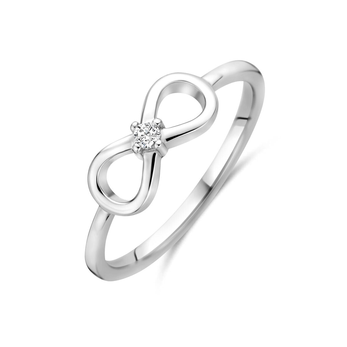 Ring aus rhodiniertem 925 Silber mit Unendlichkeitssymbol und drei Zirkonia-Steinen