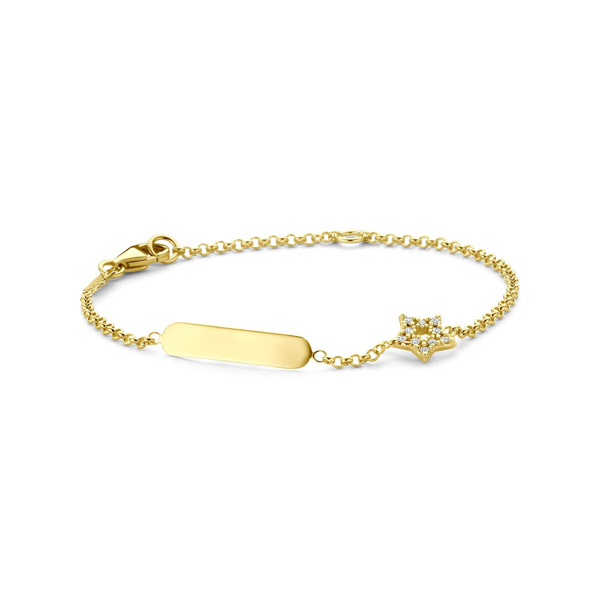 Gravurarmband aus 14k Gelbgold mit einem Stern und Zirkonia, feine Gliederkette
