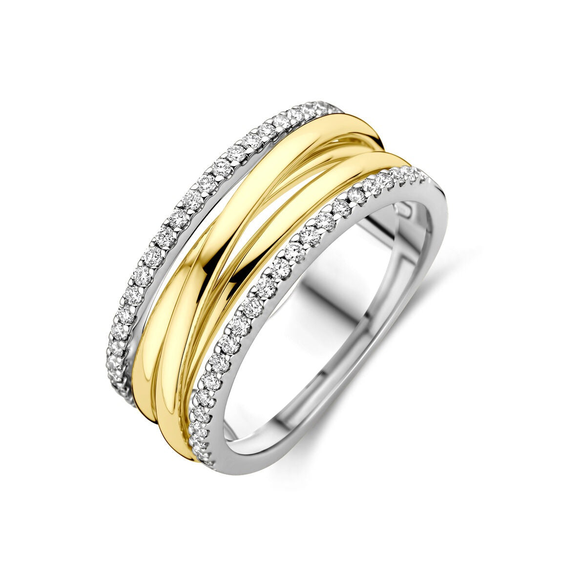 Bicolor 14k Ring mit Diamanten, mit gelb- und weißgoldenen Bändern und funkelnden Steinen