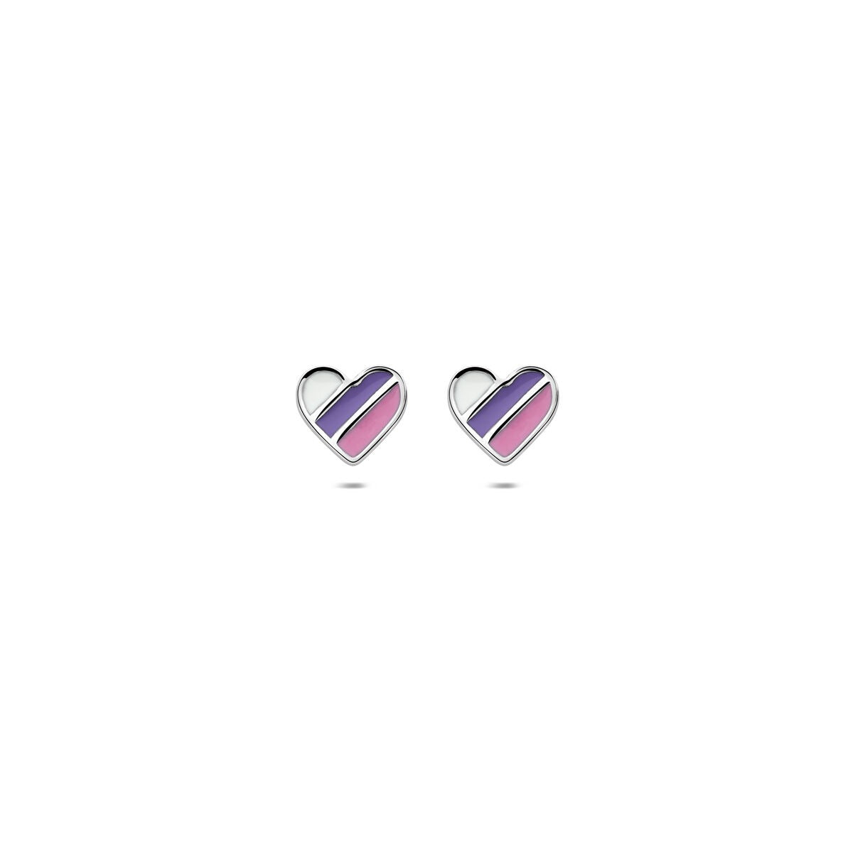 Zwei silberne Kinder-Ohrstecker in Herzform mit lila und rosa Emaille, Durchmesser 5,5 mm