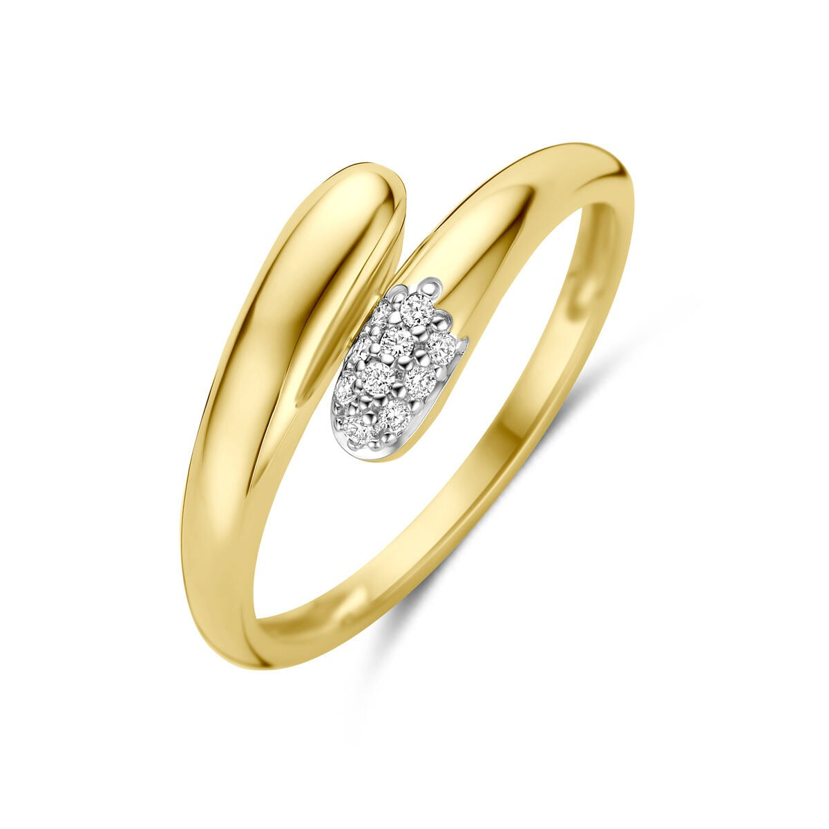 Ring aus 14k Gelbgold mit Diamanten, geschwungene Form und glänzender Oberfläche