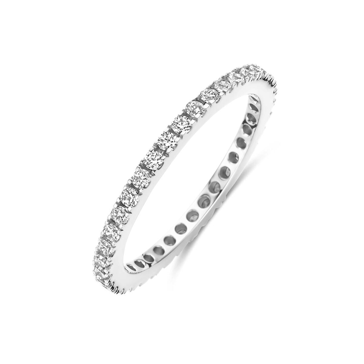 Ring aus rhodiniertem 925 Silber mit Zirkonia-Steinen in einer schlichten, runden Form