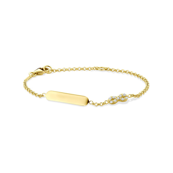14k Geelgouden graveerarmband met infinity en zirkonia