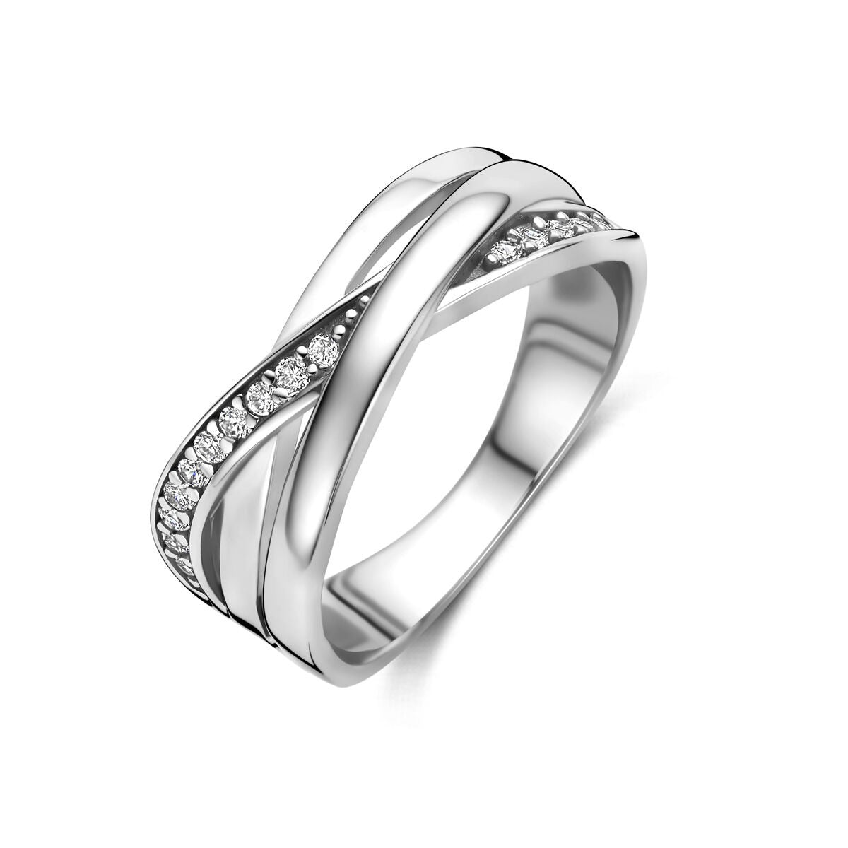 Ring aus rhodiniertem 925 Silber mit Zirkonia, geschwungenes Design und glänzender Oberfläche