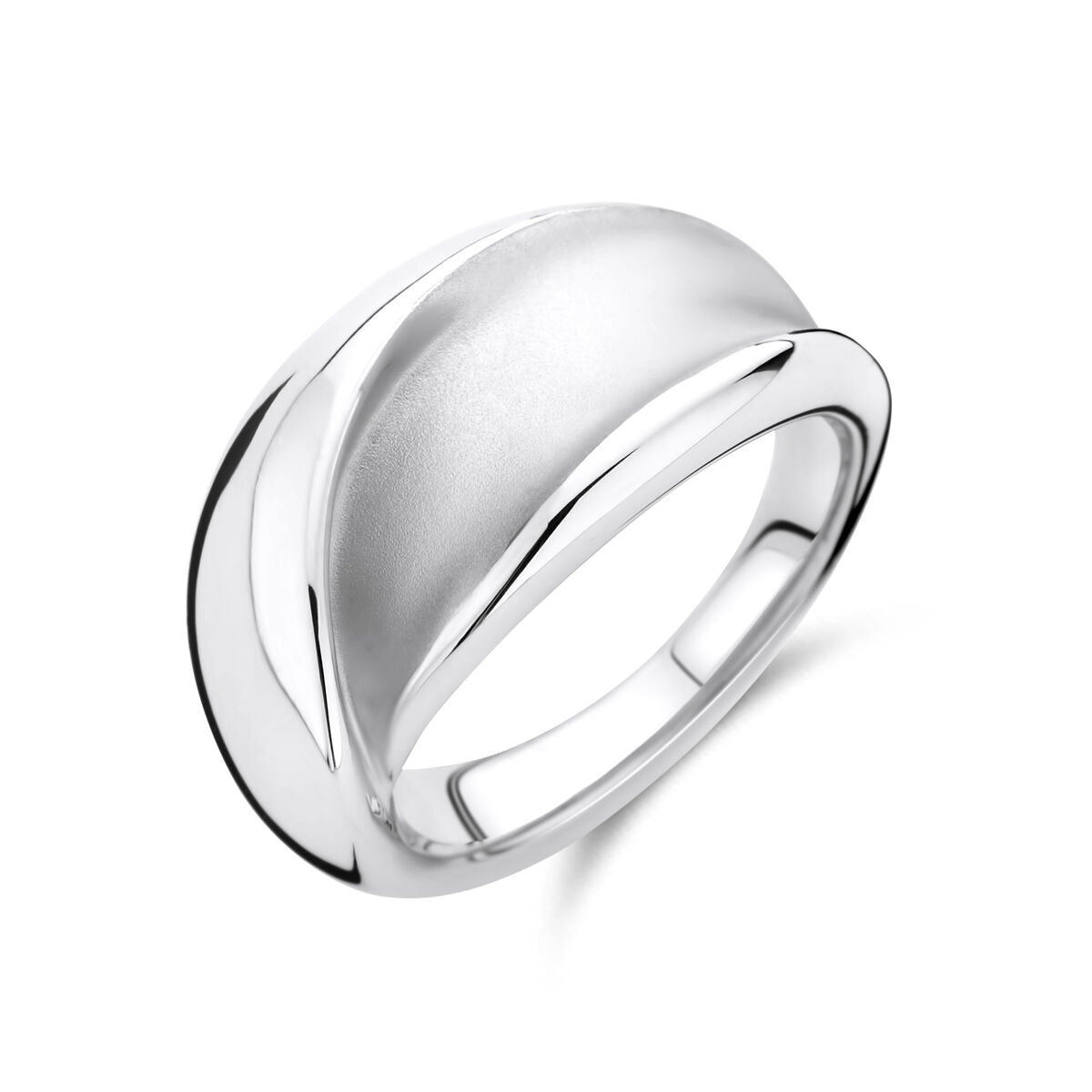 Ring aus rhodiniertem 925 Silber mit polierter und matter Oberfläche in geschwungener Form
