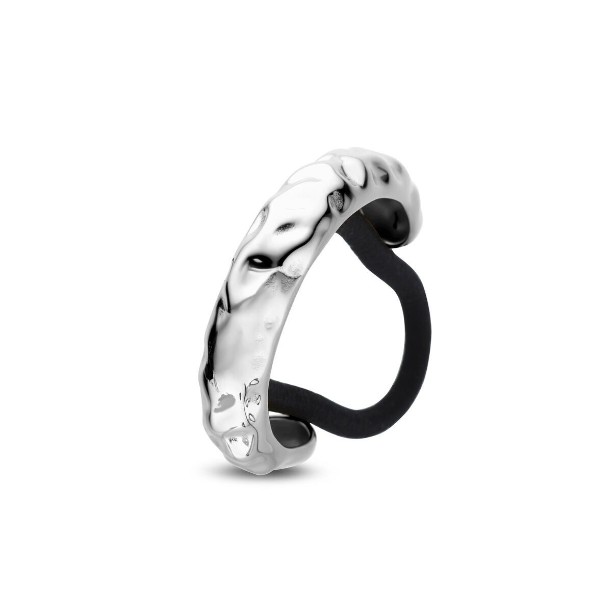 Stahl-Haar-Cuff in Silber mit gewellter Oberfläche und schwarzem Innenband