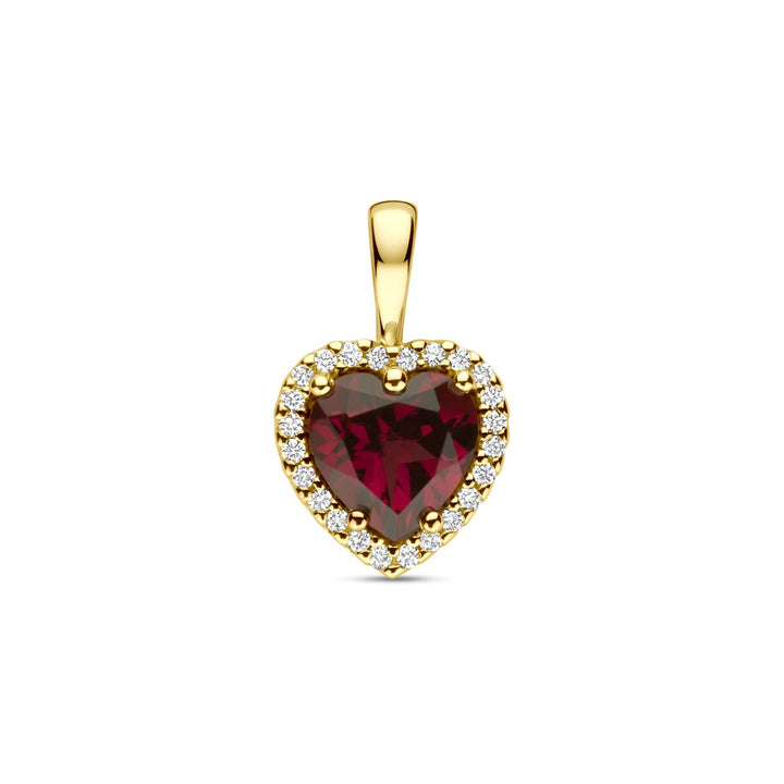 14k Geelgouden hanger met Rhodoliet hartje en diamant – 0.06ct