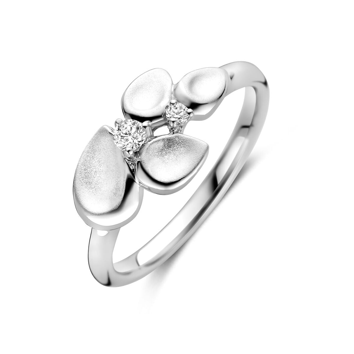 Ring aus rhodiniertem Silber mit drei tropfenförmigen Elementen und Zirkonia, 8,5 mm breit