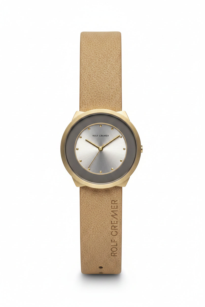 Uhr mit goldfarbenem Gehäuse, grauem Zifferblatt und braunem Lederarmband