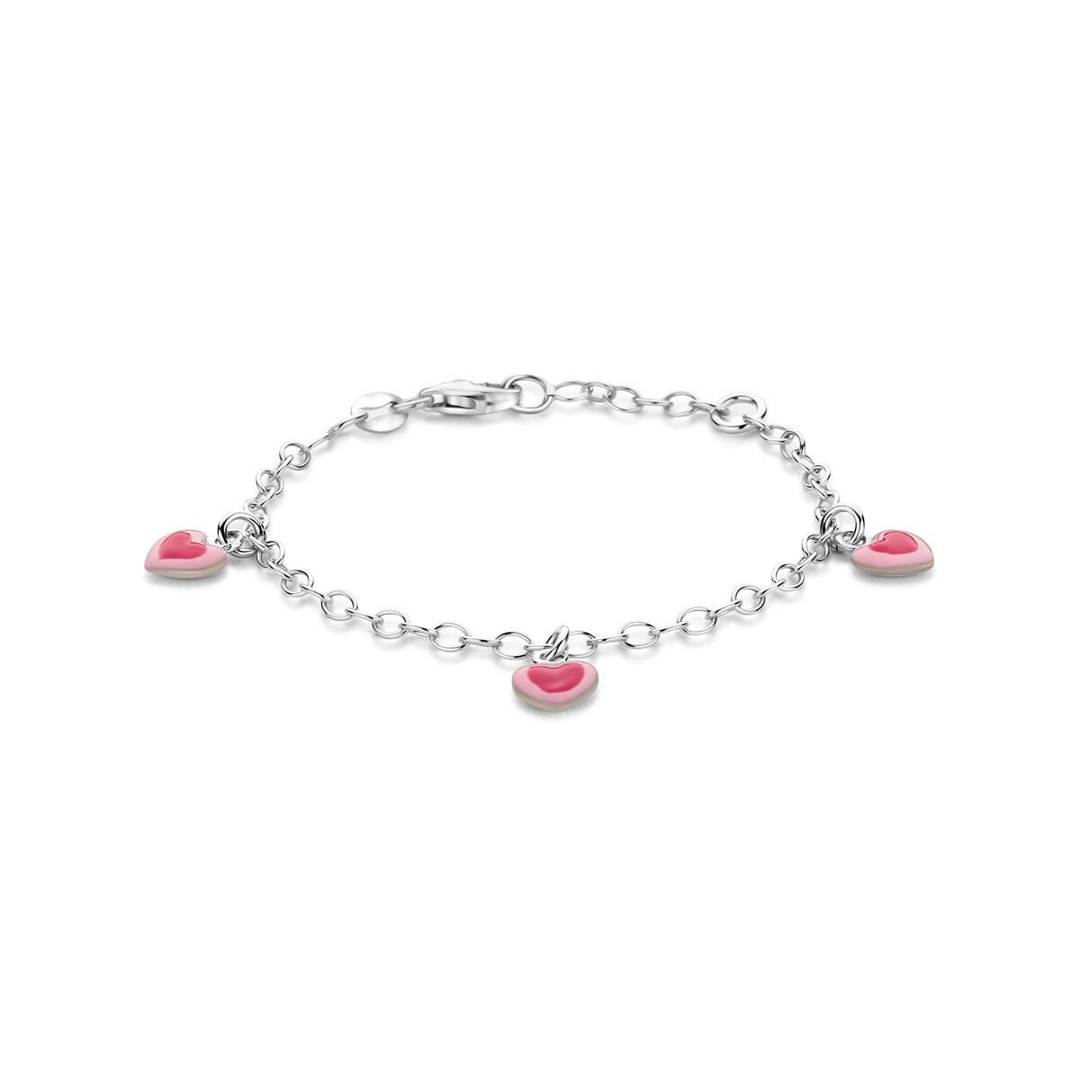 Silbernes Kinderarmband mit drei rosa emaillierten Herzen und rhodiniertem Finish