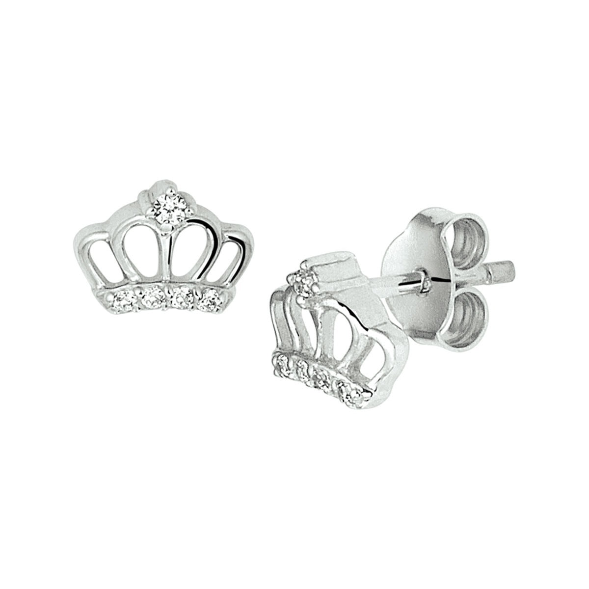 Silberne Ohrstecker in Kronenform mit Zirkonia, rhodiniert