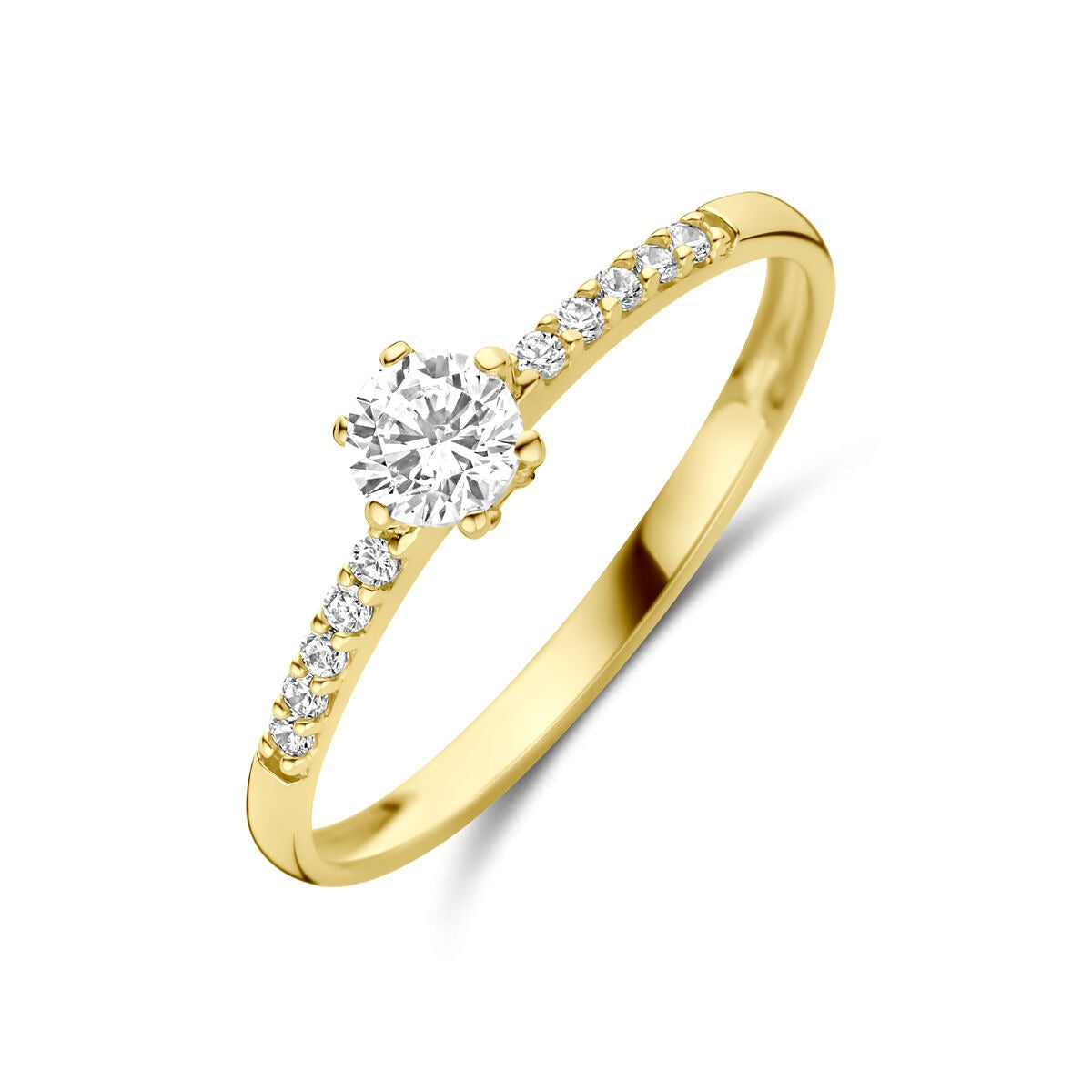 Damenring aus 14k Gelbgold mit rundem Zirkonia und kleinen Zirkonia am Ringband