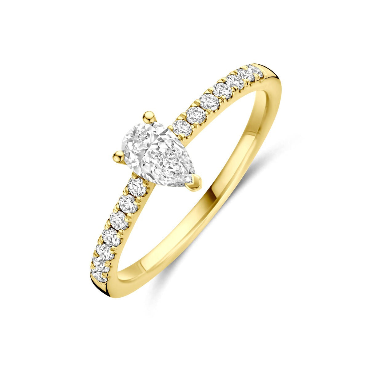 Ring aus 14 Karat Gold mit einem lab-grown Diamanten in Tropfenform und kleinen Diamanten am Band