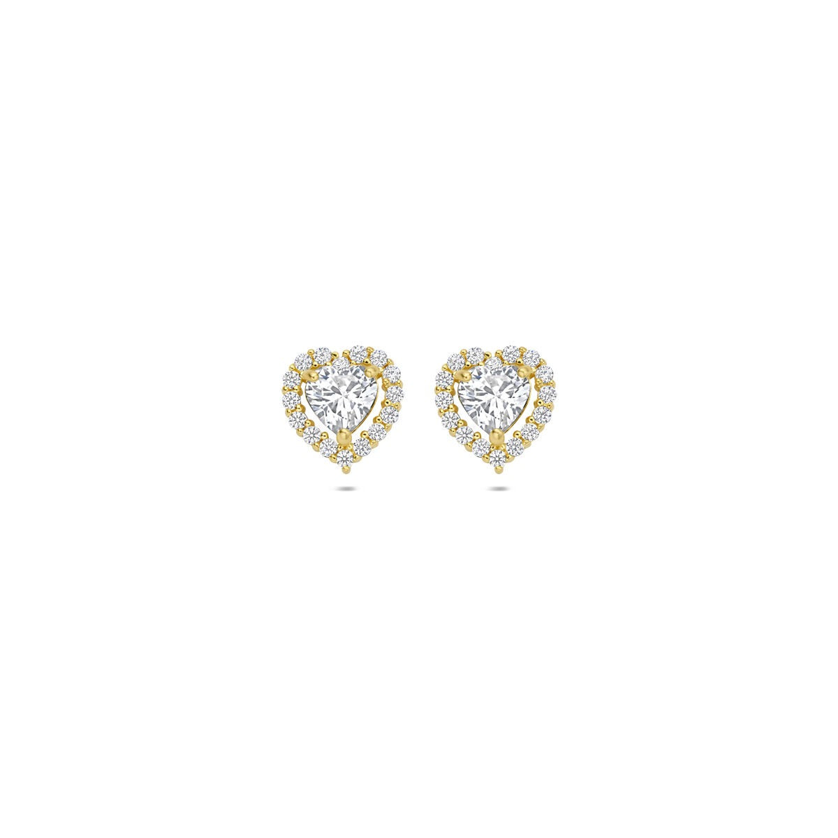 Goldene Ohrstecker in Herzform mit Zirkonia, 14k, in einer Entouragefassung