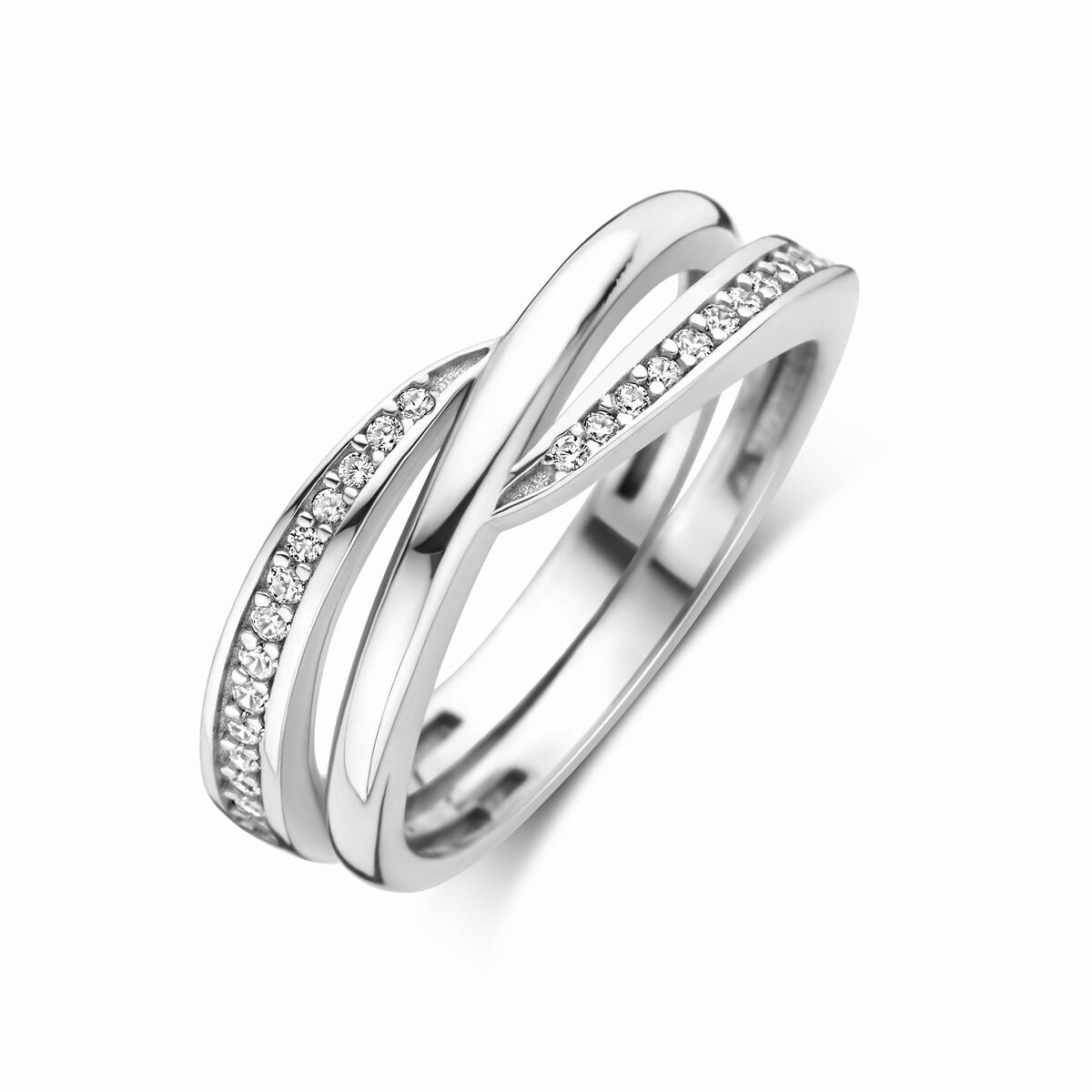Ring aus rhodiniertem 925 Silber, 7 mm breit, mit Zirkonia und geschwungenem Design
