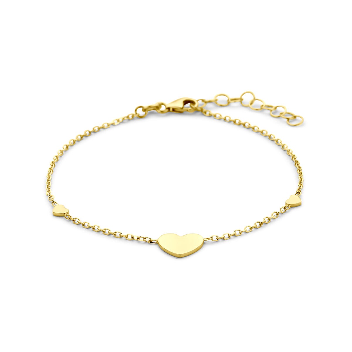 14k Gelbgoldene Armband mit herzförmigen Anhängern und feiner Gliederkette