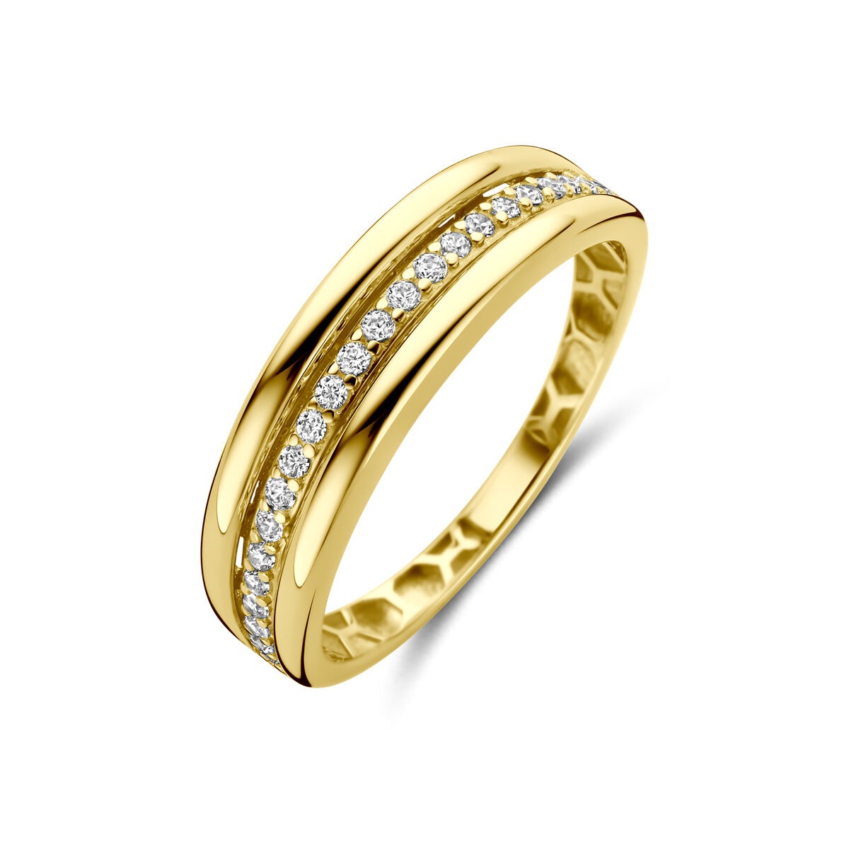 Damenring aus 14 Karat Gelbgold mit Zirkonia-Steinen in zwei Reihen