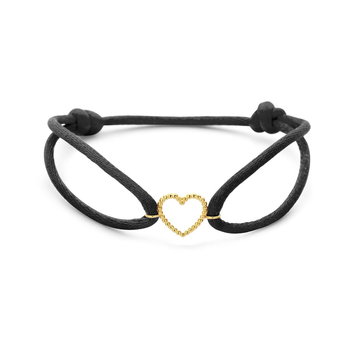 Schwarzes Satinarmband mit 14k goldenem Herzchen in der Mitte