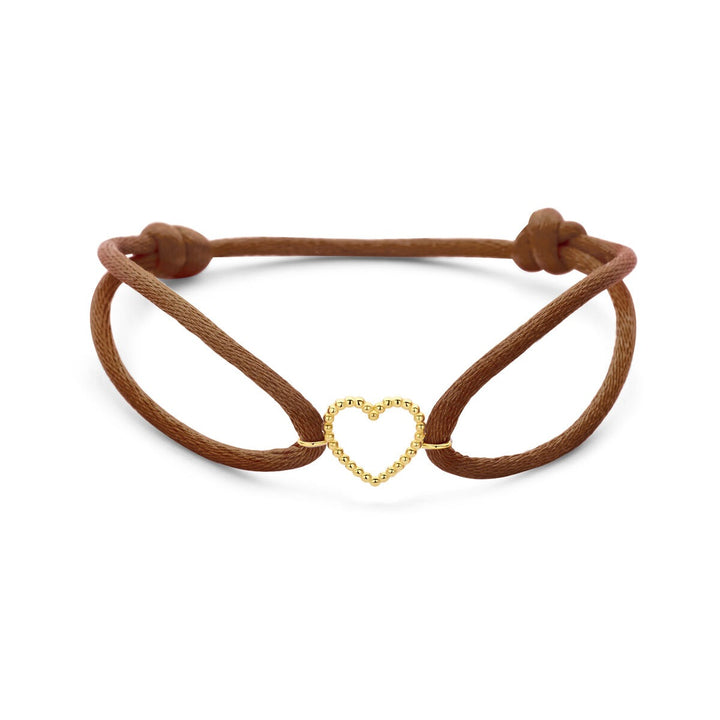 Bruine satijnen dames armband met 14k geelgouden hartje – Verfijnd symbool van liefde