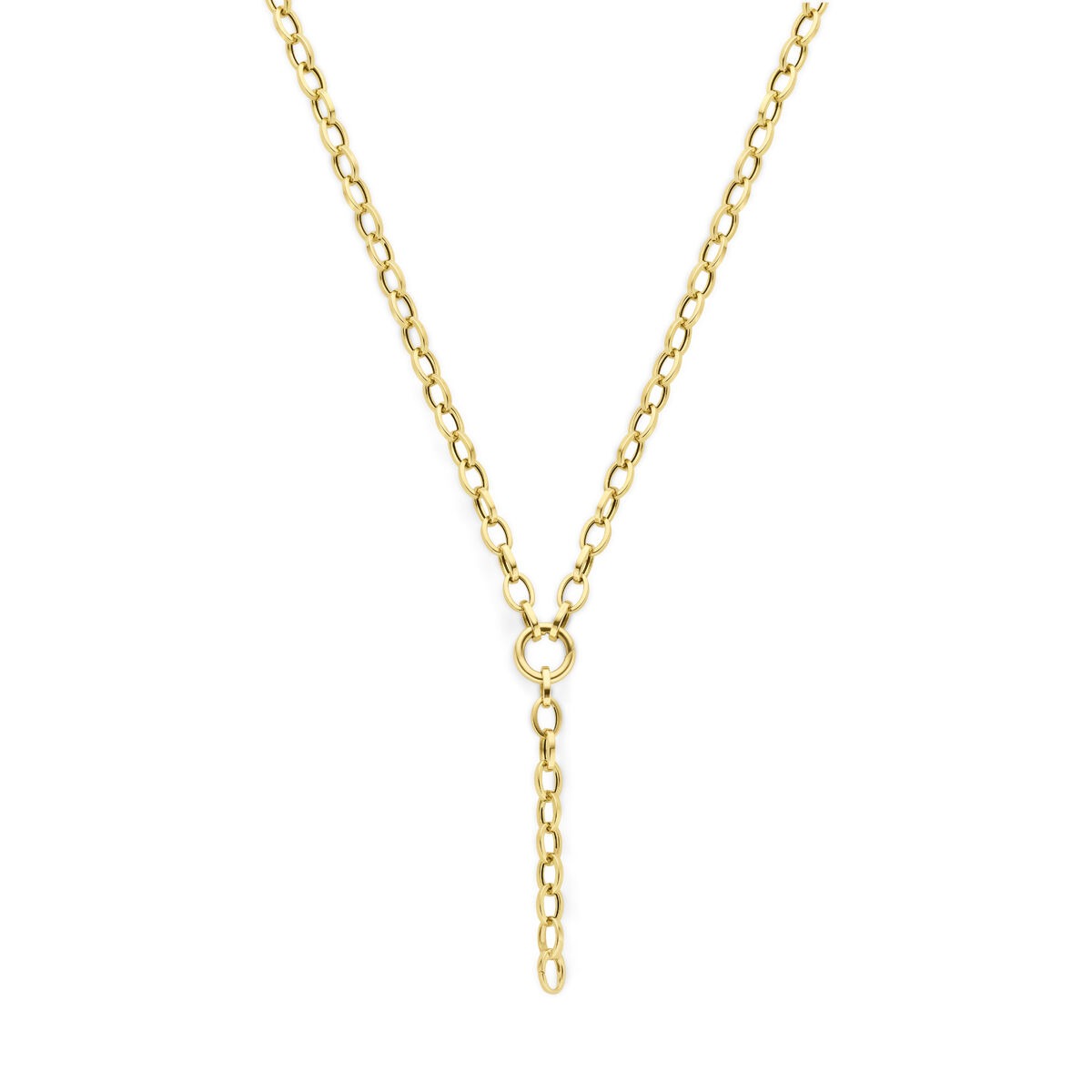 Y-Collier aus 14k Gelbgold mit feiner Kettenstruktur und verlängerndem Anhänger