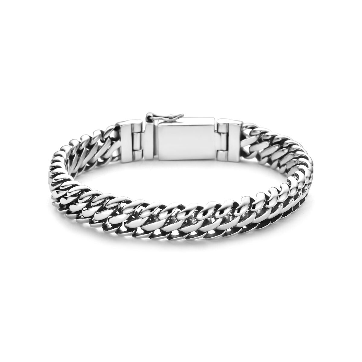 Herrenarmband aus oxidiertem Silber mit doppeltem Gourmet-Schlüssel, 11 mm breit