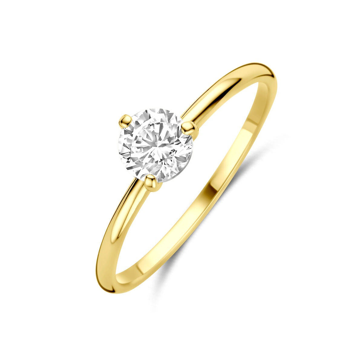 Damenring aus 14k Gelbgold mit solitär Zirkonia, brillant geschliffen, schlichte Fassung