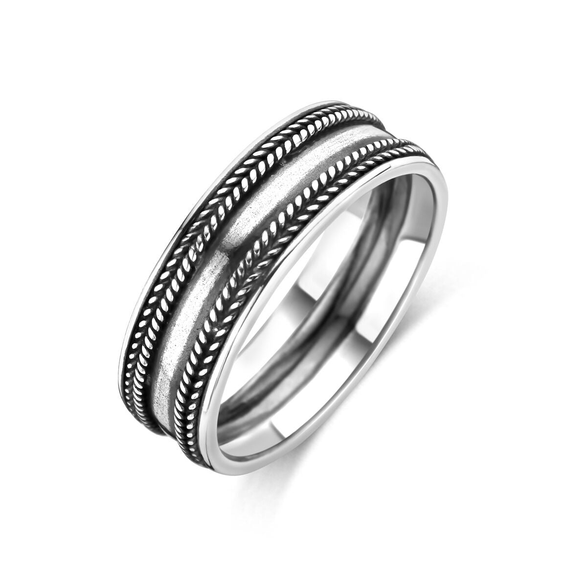Herrenring aus oxidiertem Silber, 7 mm breit, mit geflochtenem Muster und glänzender Innenfläche