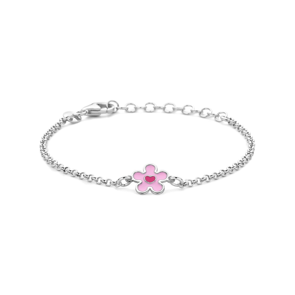 Kinderarmband aus rhodiniertem 925 Silber mit pinkem Blumenanhänger und Herz