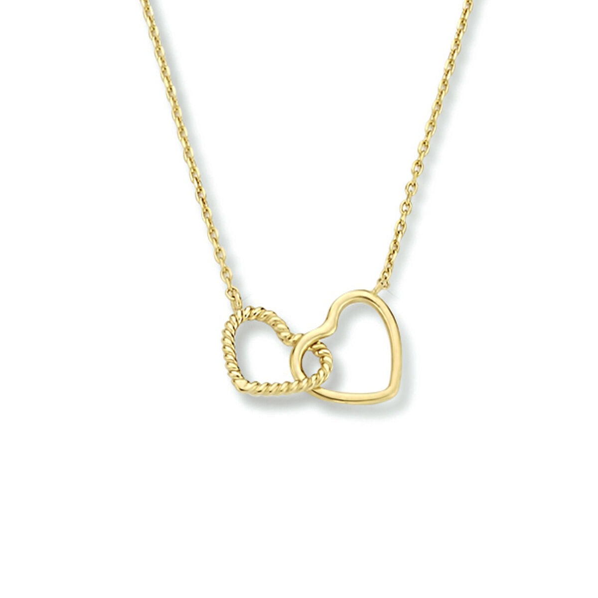 Collier aus 9 Karat Gelbgold mit zwei Herzen, eines mit Struktur und das andere glatt