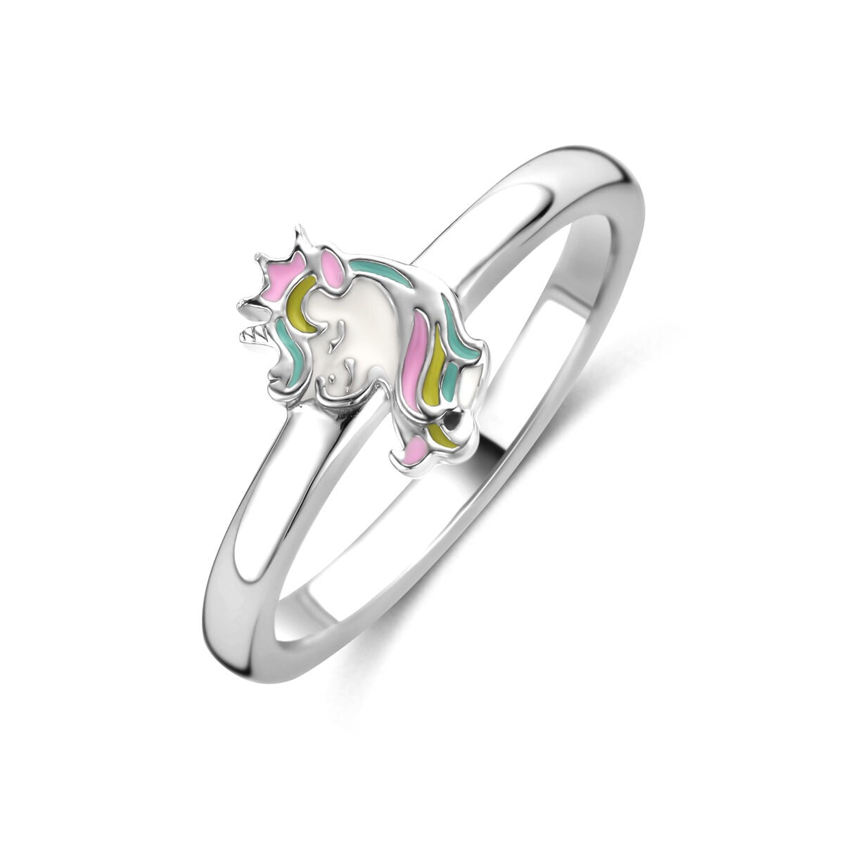 Kinder Ring aus rhodiniertem 925 Silber mit einem bunten Einhorn-Motiv