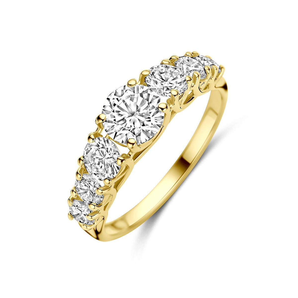 Ring aus 14 Karat Gelbgold mit fünf runden, funkelnden lab-grown Diamanten