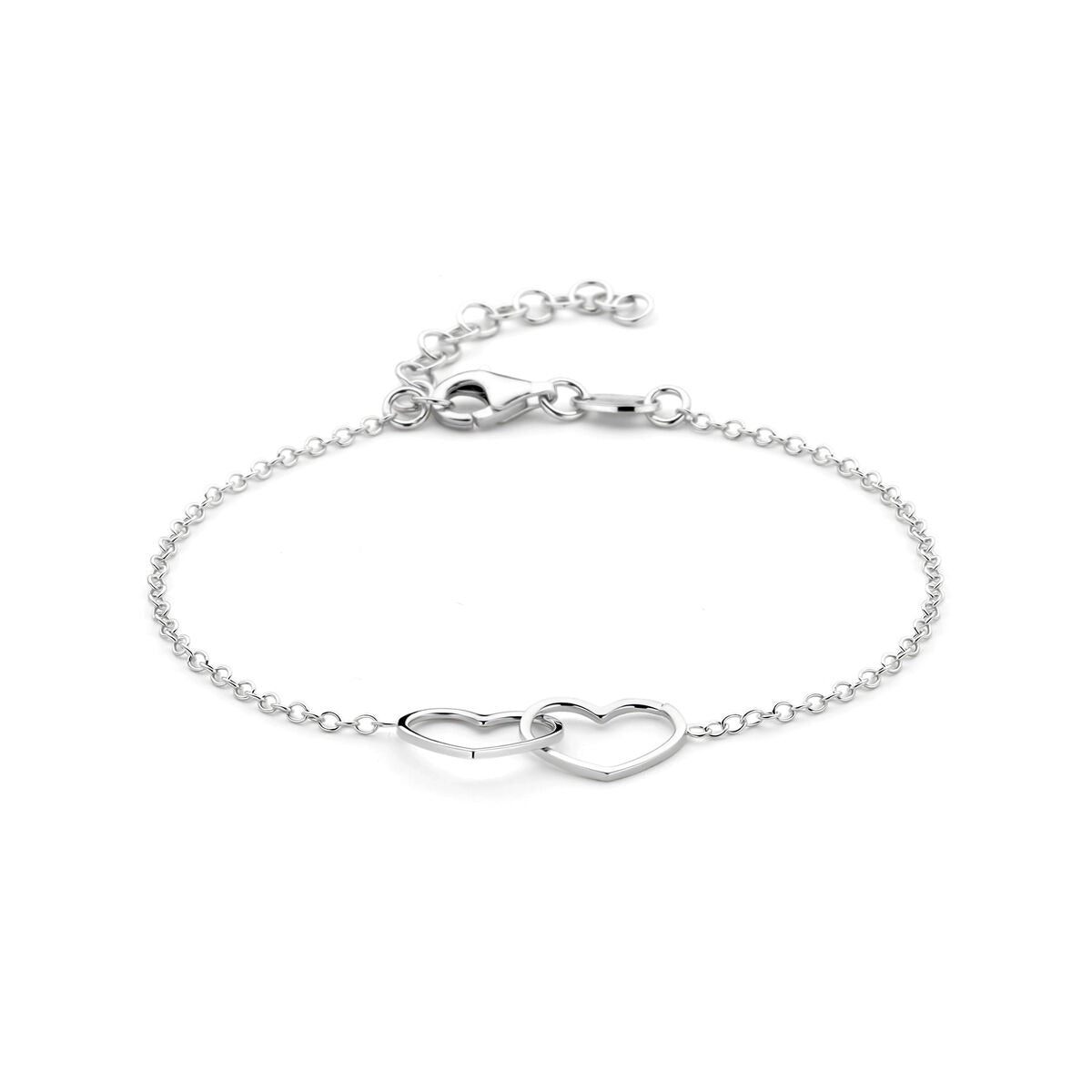 Silbernes Armband mit zwei Herzen, rhodiniert, feine Gliederkette und Karabinerverschluss