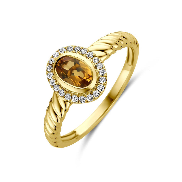 14k Geelgouden ring met citrien en lab grown diamant
