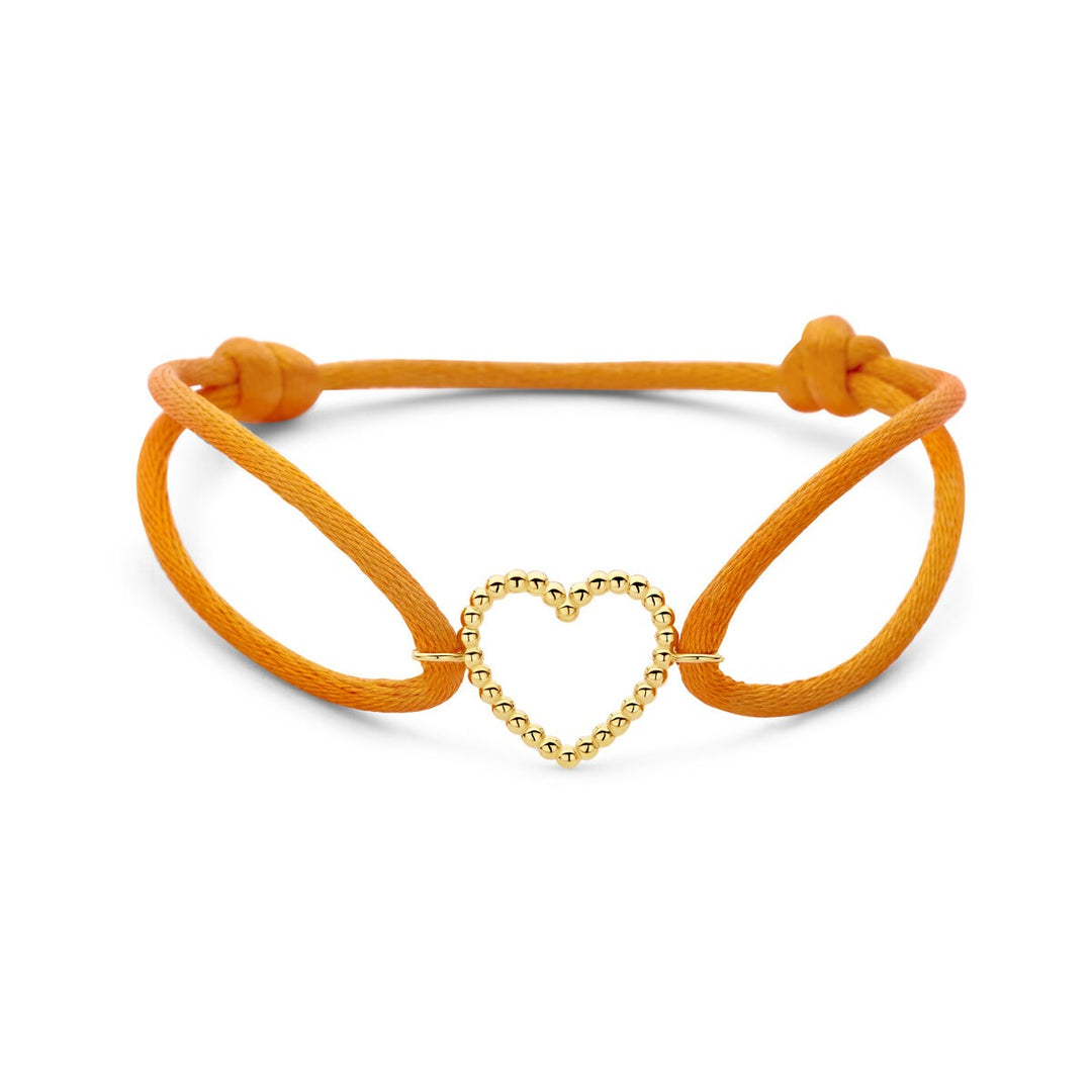 Oranje satijnen dames armband met 14k geelgouden hartje – Een warm gebaar van liefde