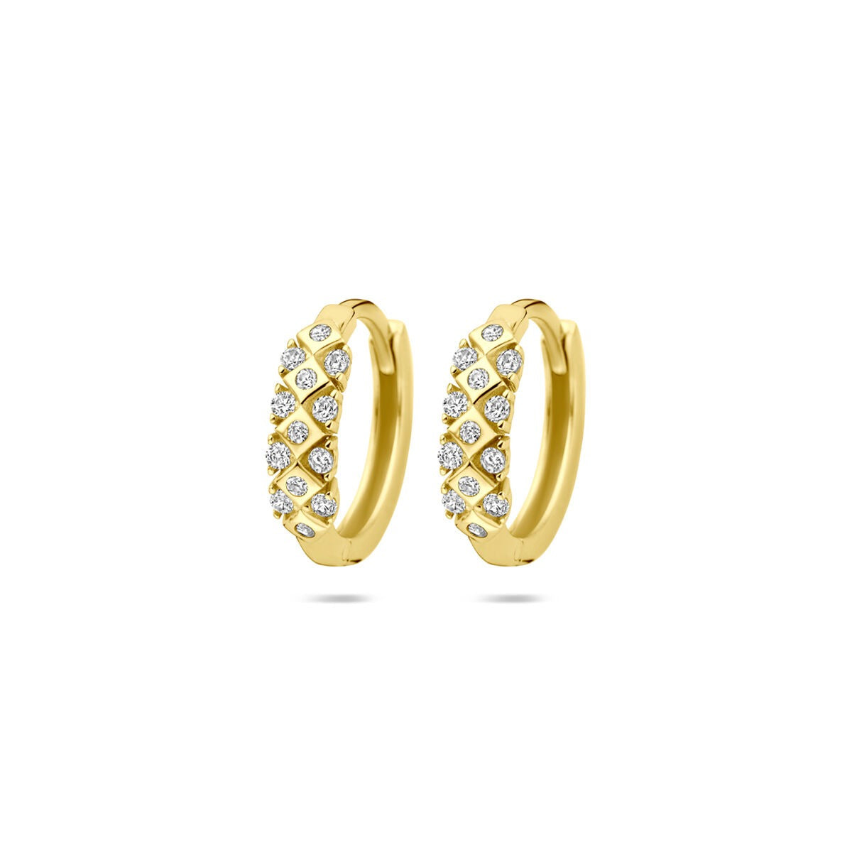 14 mm große Klapp-Ohrringe aus Gelbgold mit Zirkonia-Steinen in quadratischer Anordnung