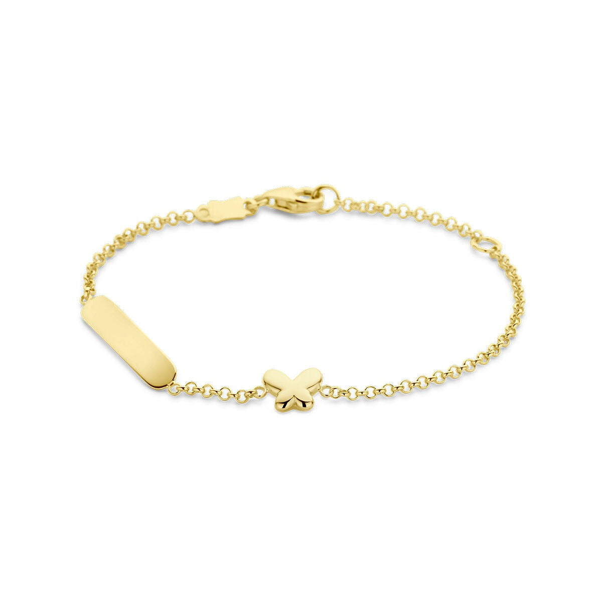 Gravurarmband aus 9k Gelbgold mit flacher Platte und Schmetterlingsanhänger