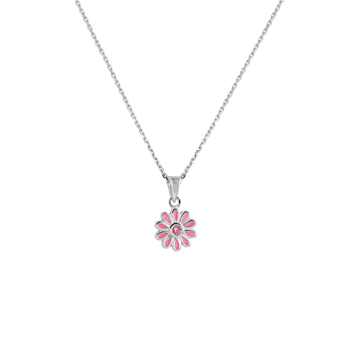 Silberne Kinderkette mit rhodiniertem Blumenanhänger und pinkem Zirkonia