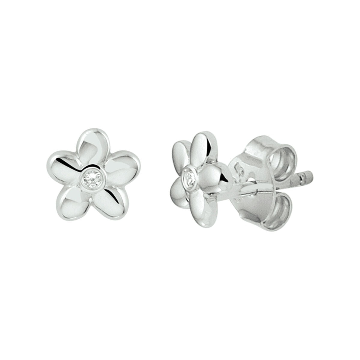 Silberne Ohrstecker in Blumenform mit transparentem Zirkonia in der Mitte