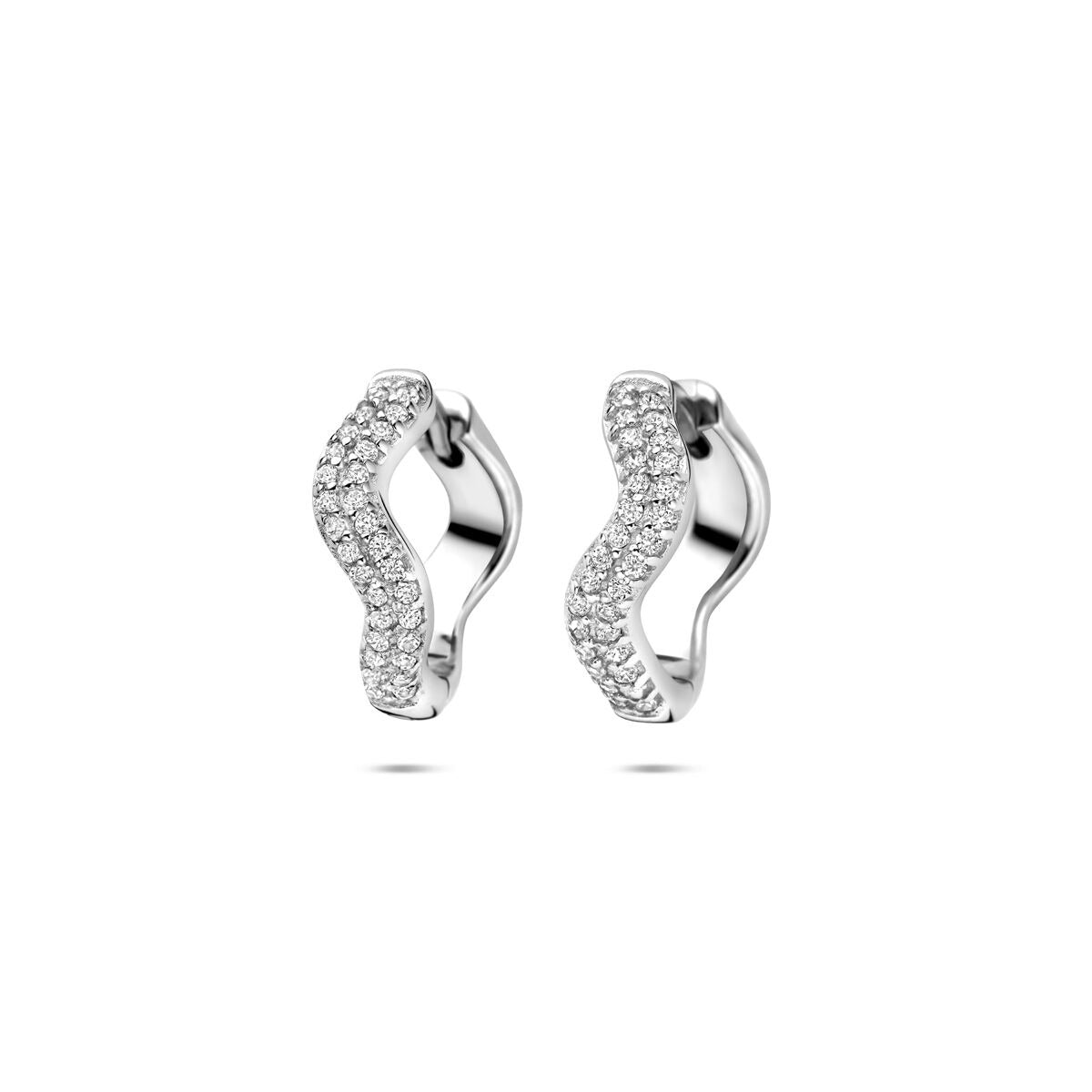 Silberne Klapohringe aus rhodiniertem 925 Silber mit Zirkonia, 15 mm, gewellte Form