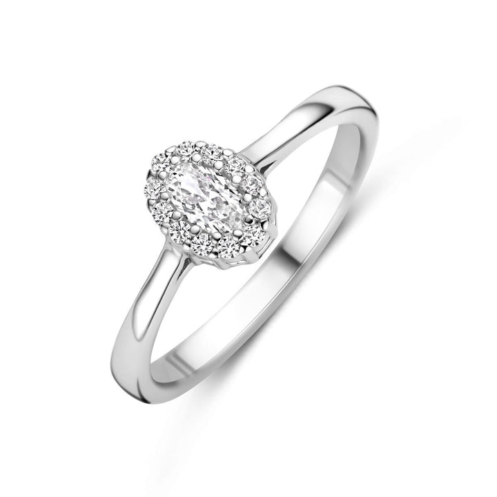 Zilveren dames ring met ovale zirkonia en entouragezetting