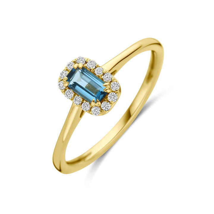 14k Geelgouden entourage ring met London blue topaas en lab grown diamant