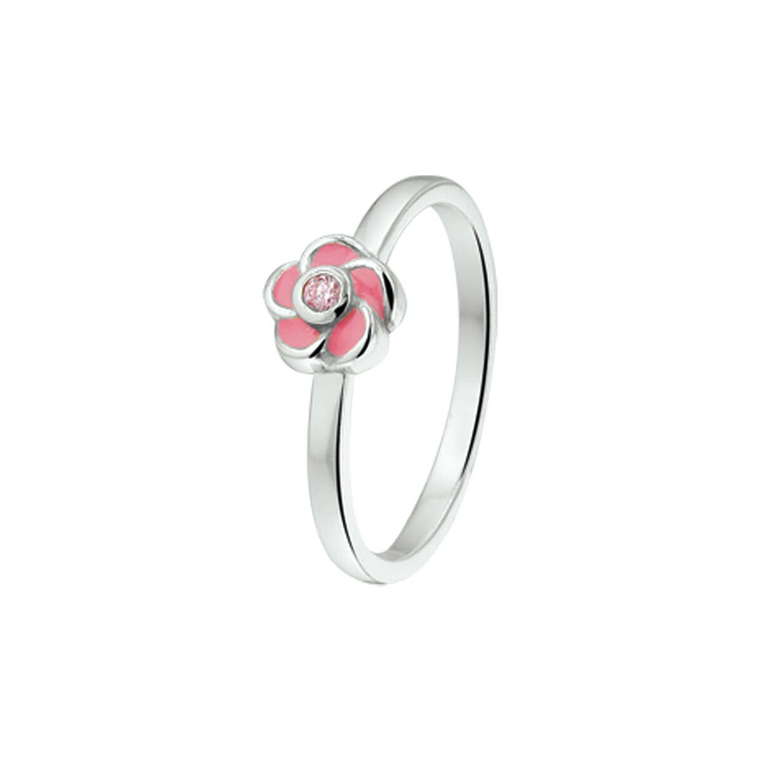 Zilveren Ring Bloem met Roze Zirkonia en Emaille Gerhodineerd