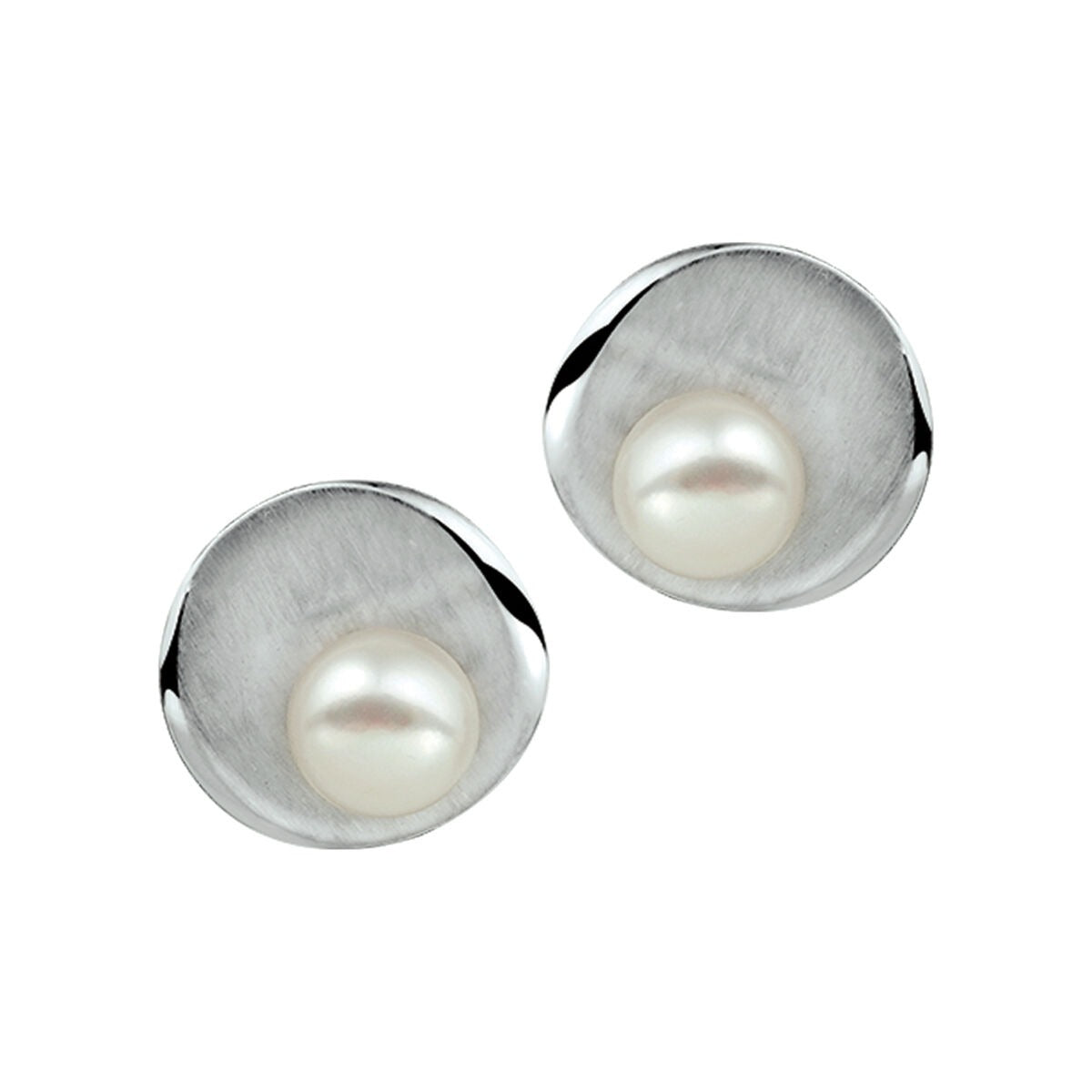 Ohrstecker aus rhodiniertem Silber mit mattem und poliertem Finish sowie einer weißen Perle in der Mitte