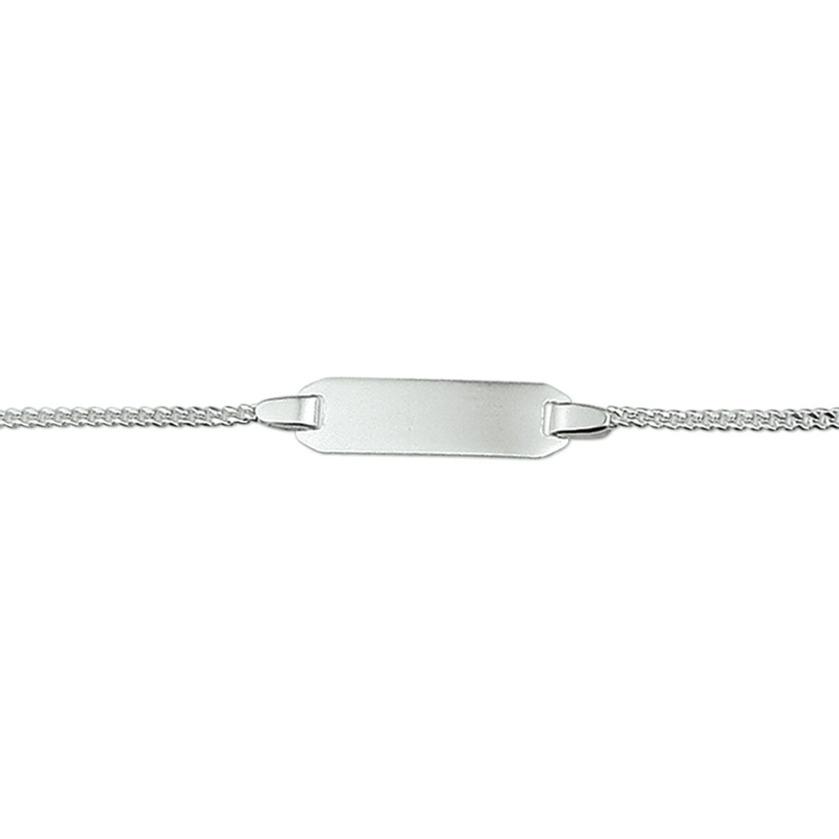 Gravurarmband aus rhodiniertem Silber mit glattem, rechteckigem Plättchen und feinem Gourmette-Armband